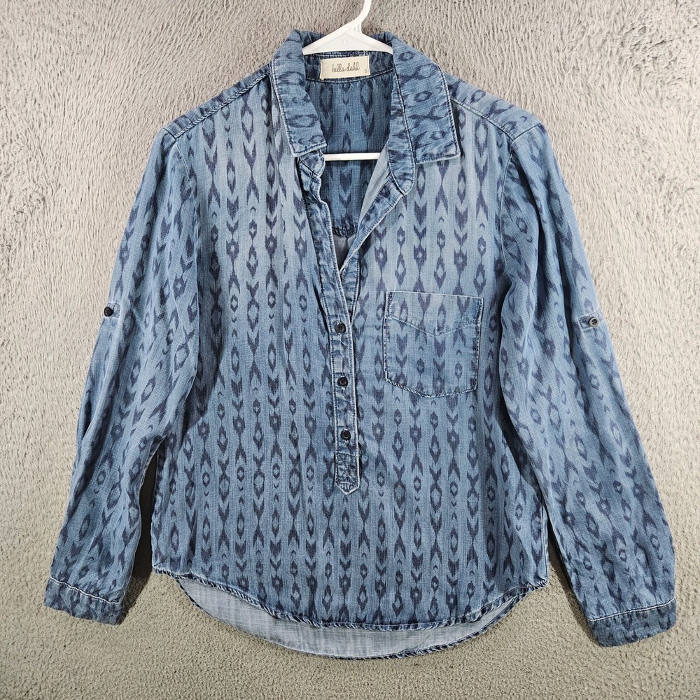 Bella Dahl‎ Womens Blue Ikat Tencel Button Down Shirt Roll Tab Sleeve Small